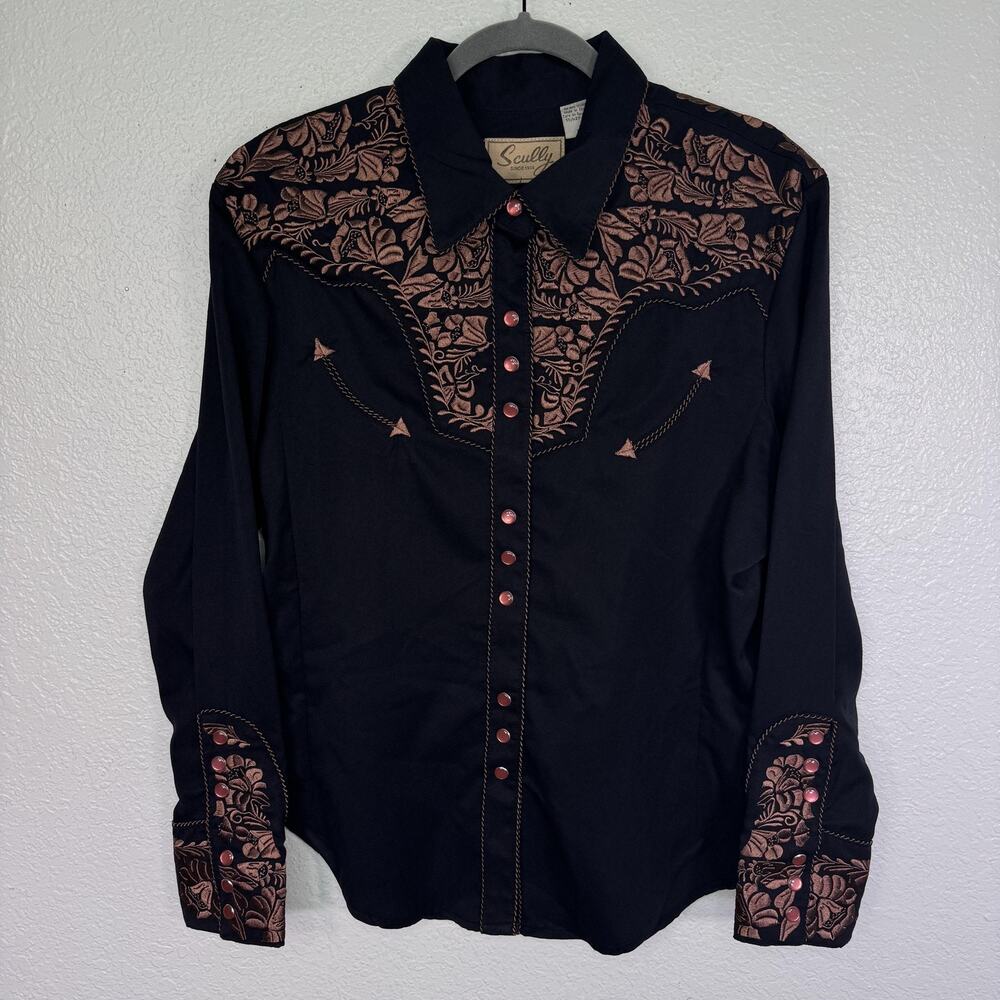 Scully Top Womens XL Embroidered Western Snap Shirt Floral Cowgirl Rodeo Black
